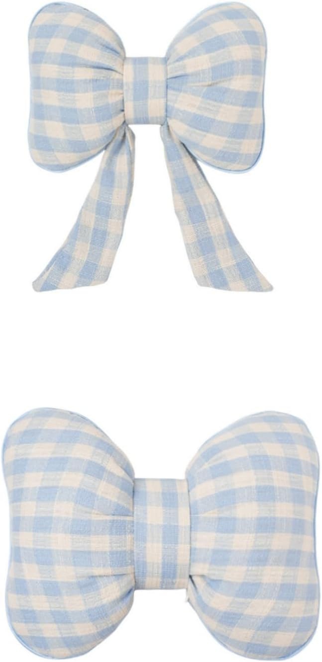Car Accessories Plaid Bow Headrest Lumbar Pillow 4PCs Set Cotton Linen Elegant Soft Car Seat Cushions for Daily Commuting Trave (Blue Plaid,headrest+Lumbar Pillow 2pcs)