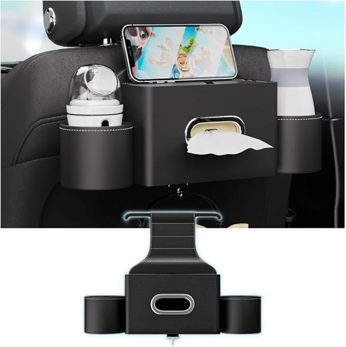 Seat Back Organizer, Full Leather Cover Tissue Case Headrest Storage Box with 2 Cup Holders and Hook Multi-functional Durable Back Seat Storage Tool for Family Travel and Kids Care Black