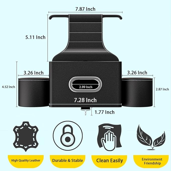Seat Back Organizer, Full Leather Cover Tissue Case Headrest Storage Box with 2 Cup Holders and Hook Multi-functional Durable Back Seat Storage Tool for Family Travel and Kids Care Black