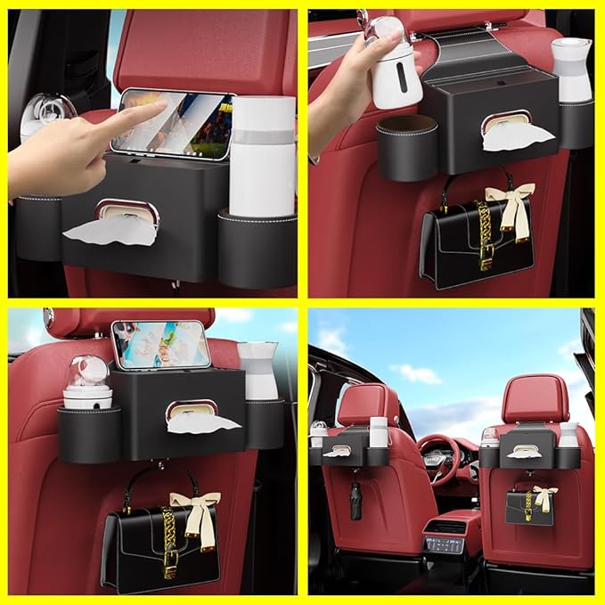 Seat Back Organizer, Full Leather Cover Tissue Case Headrest Storage Box with 2 Cup Holders and Hook Multi-functional Durable Back Seat Storage Tool for Family Travel and Kids Care Orange