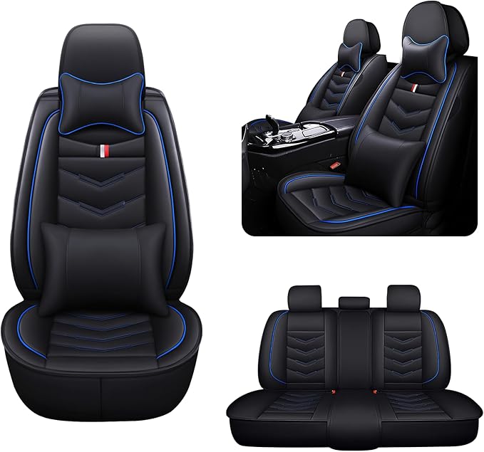 MVRVMV Seat Covers for Ford Ranger 2005-2026, Waterproof Leather Auto Seat Cover with 2* Neck Pillow and 2* Lumbar Support (5 Seat Luxury,Black-Blue)