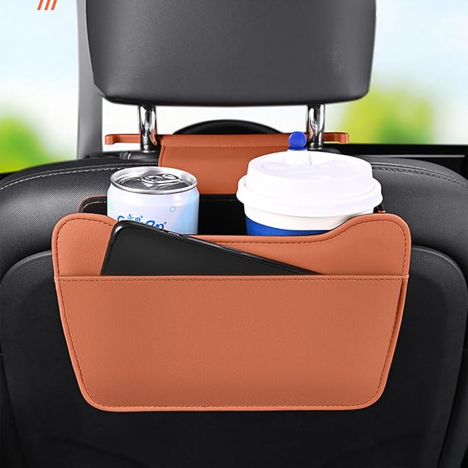 Car Seat Back Organizer, Leather Multipurpose Vehicle Backseat Storage Pocket, Waterproof Automotive Interior Hanging Bag Accessories, Universal for SUV, Sedan, Truck (Orange)