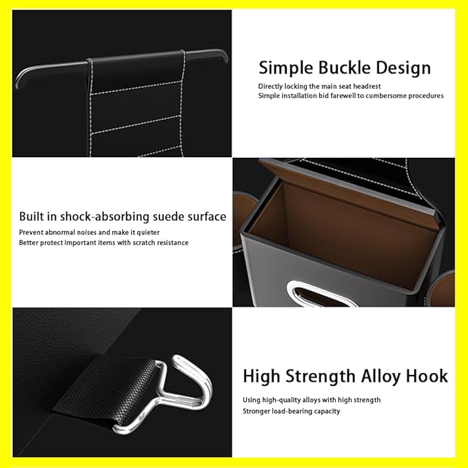 Seat Back Organizer, Full Leather Cover Tissue Case Headrest Storage Box with 2 Cup Holders and Hook Multi-functional Durable Back Seat Storage Tool for Family Travel and Kids Care Black