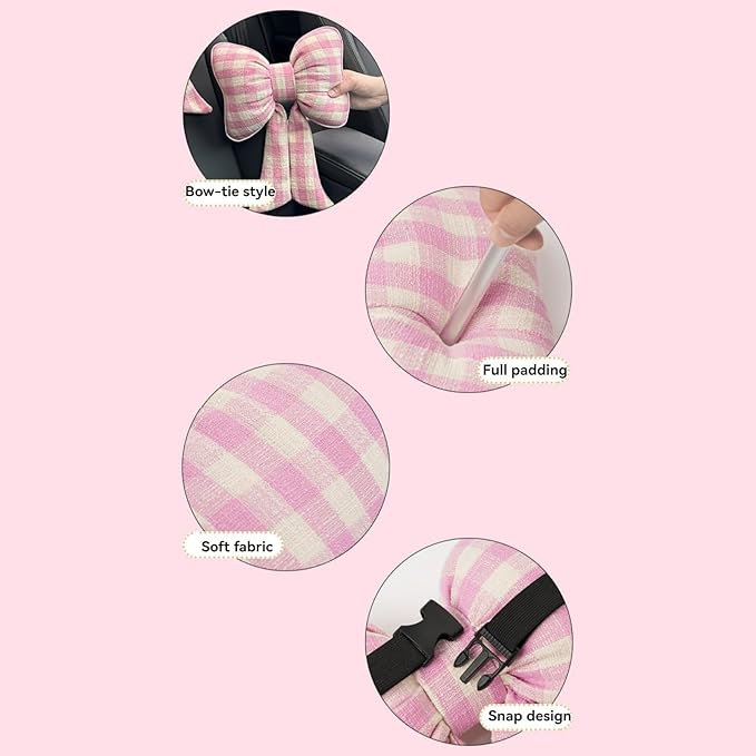 Car Accessories Plaid Bow Headrest Lumbar Pillow 4PCs Set Cotton Linen Elegant Soft Car Seat Cushions for Daily Commuting Trave (Pink Plaid,Lumbar Pillow 2pcs)