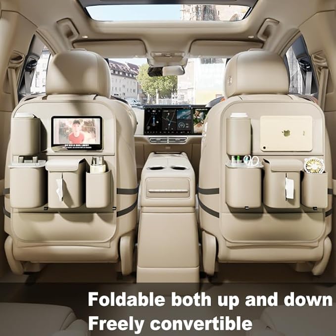 GMQ Backseat Car Organizer with Touch Screen,Protectors Kick Mats Travel Accessories for Kids,Multifunctional Seat Back Organizer Car Travel Organizer Accessories (Beige, 2PCS)