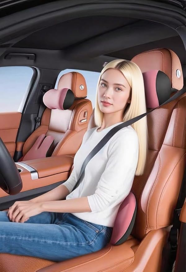 Cute Bunny Car Seat Cushion Set - Lumbar Support Pillow & Neck Pillow for Women Drivers, Ergonomic Back Comfort for Long Drives, Adorable Rabbit Design Car Accessories (Yellow)