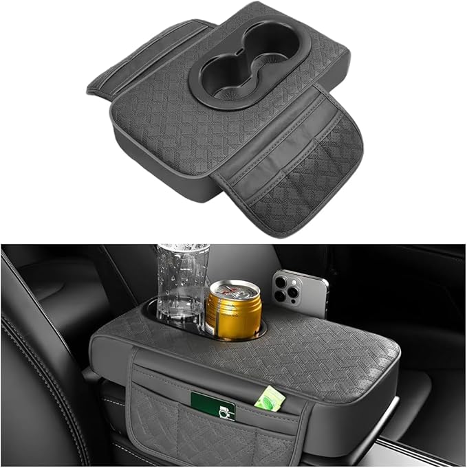 BESULEN Car Center Console Cover, Leather Thick Vehicle Armrest Protector Cushion with Cup Holder & 2 Storage Bags, Automotive Interior Arm Rest Seat Box Pad Accessories, Universal Fit (Gray)