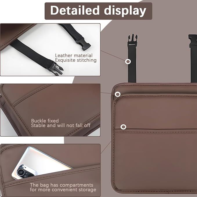 Car Seat Back Organizer, Leather Multipurpose Hanging Vehicle Backseat Headrest Storage Bag, Automotive Pouch Pocket Organizer for Kids & Adults, Universal for Truck SUV Sedan (Black)