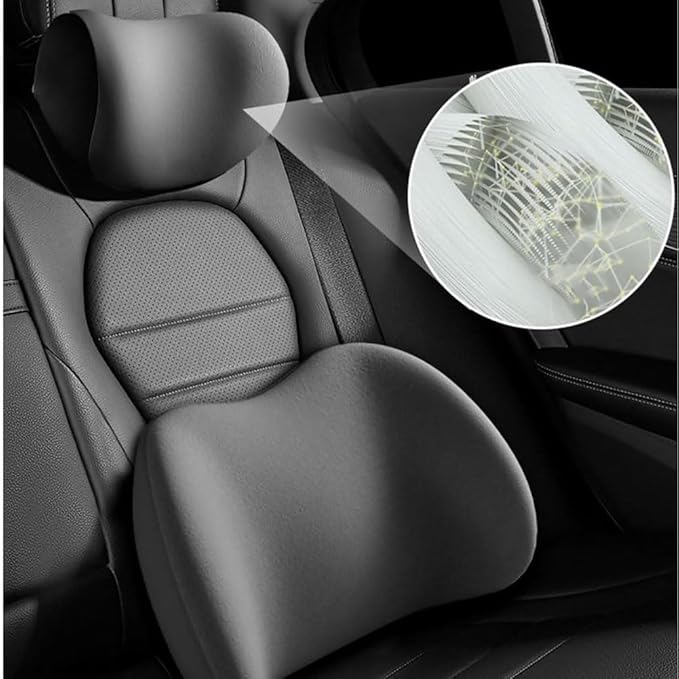 Car Seat Headrest Lumbar Support Kit for Tesla Model Y 2021 2022 2023, Ergonomic Memory Foam Head Neck Pillow Back Cushion Drivers Travel Anti Fatigue,B/Coffee Color