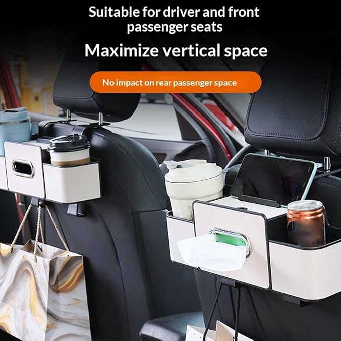 Car Organizers and Storage Box Multifunctional, Car Seat Back Organizer, 4 In 1 Universal Car Storage Box With Hanging Tissue Holder, Cup Holders & Hooks for Purses to Travel Accessories (Black)