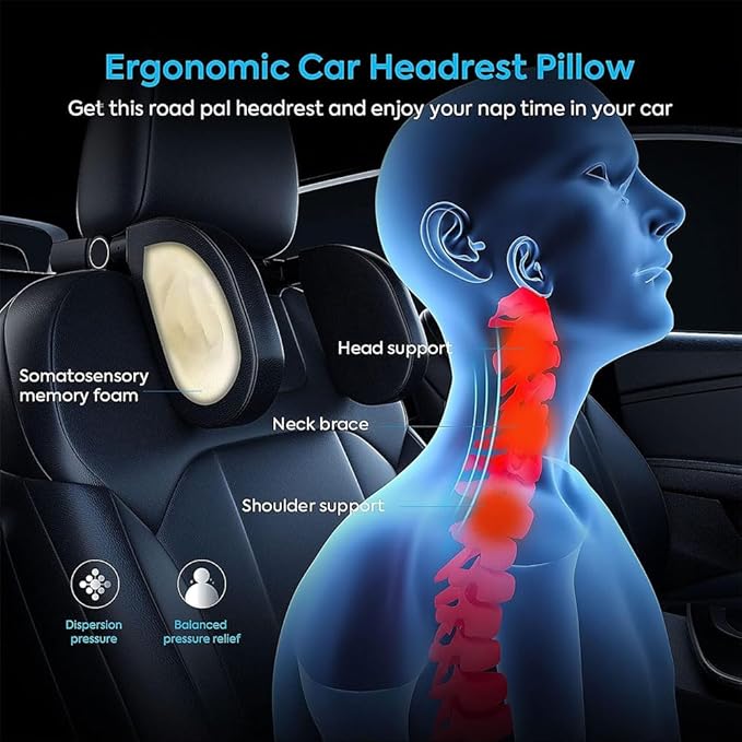 Car Seat Headrest Lumbar Support Kit for Tesla Model Y 2021 2022 2023, Ergonomic Memory Foam Head Neck Pillow Back Cushion Drivers Travel Anti Fatigue,C/Grey