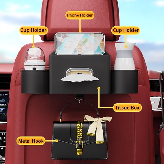 Seat Back Organizer, Full Leather Cover Tissue Case Headrest Storage Box with 2 Cup Holders and Hook Multi-functional Durable Back Seat Storage Tool for Family Travel and Kids Care Red