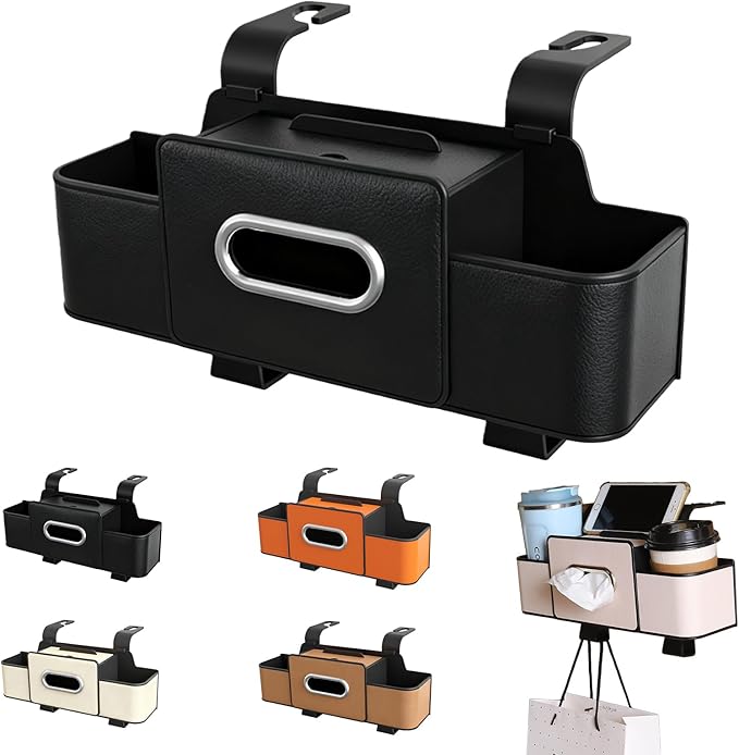 Geshus Backseat Organizers Hanging Storage, Car Seat Back Organizer With Tissue Holder, For Hold Phone,Drinks,Handbag,Compatible With Most Vehicles (Black)
