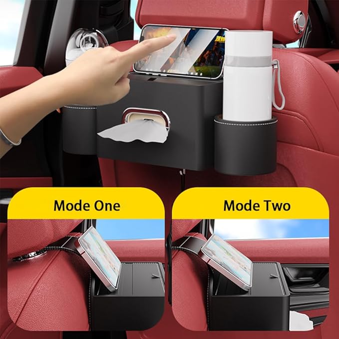Seat Back Organizer, Full Leather Cover Tissue Case Headrest Storage Box with 2 Cup Holders and Hook Multi-functional Durable Back Seat Storage Tool for Family Travel and Kids Care Orange