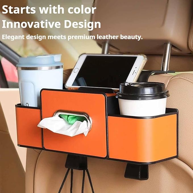 Car Organizers and Storage Box Multifunctional, Car Seat Back Organizer, 4 In 1 Universal Car Storage Box With Hanging Tissue Holder, Cup Holders & Hooks for Purses to Travel Accessories (White)