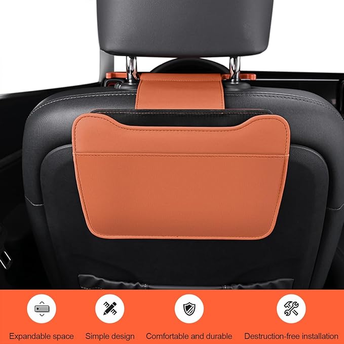 Car Seat Back Organizer, Leather Multipurpose Vehicle Backseat Storage Pocket, Waterproof Automotive Interior Hanging Bag Accessories, Universal for SUV, Sedan, Truck (Orange)
