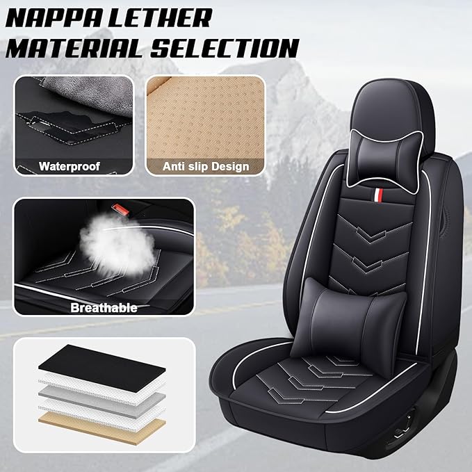 MVRVMV Luxury Car Seat Covers for Honda Pilot 2010-2026, Nappa Leather Auto Seat Cover with 2 Neck Pillows and 2 Lumbar Supports (5 Seat Luxury, Black-White)