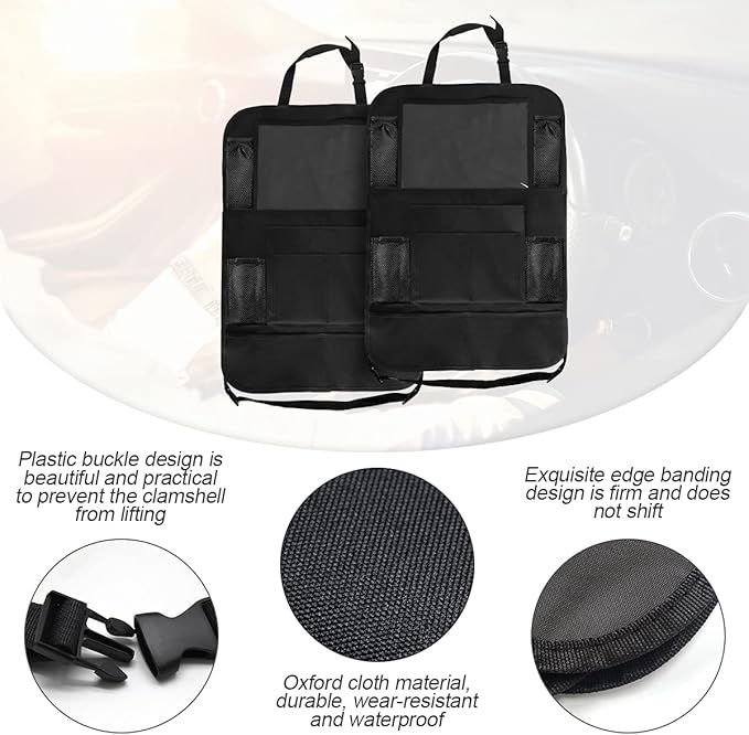 Car Seat Back Organizer, 2 Pack Backseat Storage Bag with Touch Screen Tablet Holder & 9 Pockets, Durable Waterproof Oxford Fabric, Travel Accessories, Road Trip Essentials for Kids