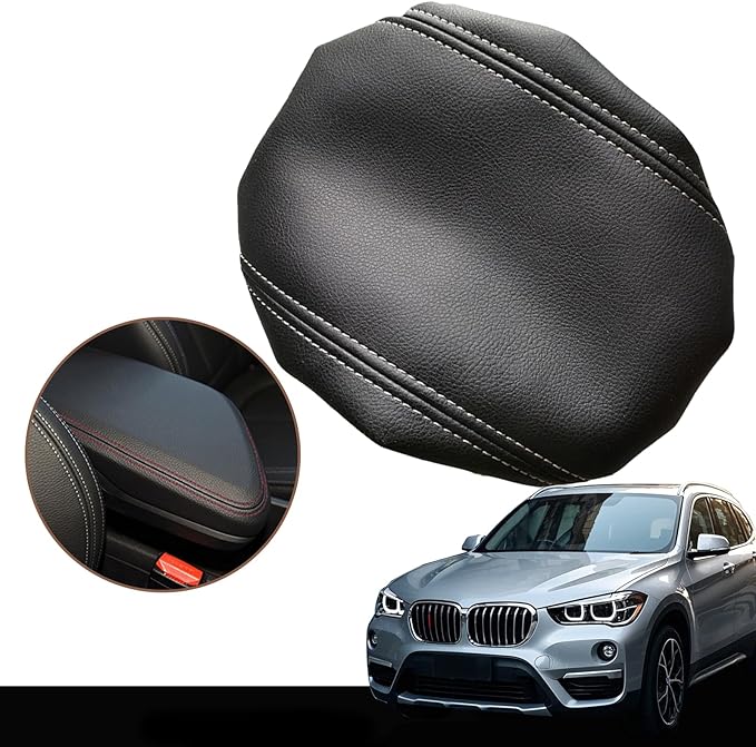 O SHI CAR Center Console Armrest Cover for BMW X1 2016 2017 2018 2019 2020 2021,Leather Middle Console Lid Cover Pad Protector Elbow Arm Rest Covering Car,Black Gray