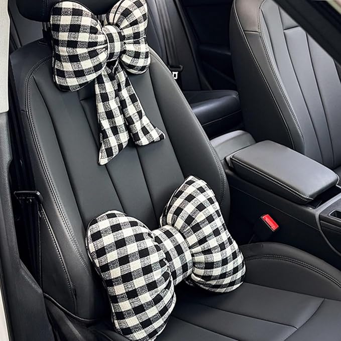 Car Accessories Plaid Bow Headrest Lumbar Pillow 4PCs Set Cotton Linen Elegant Soft Car Seat Cushions for Daily Commuting Trave (Black Plaid,4pcs)