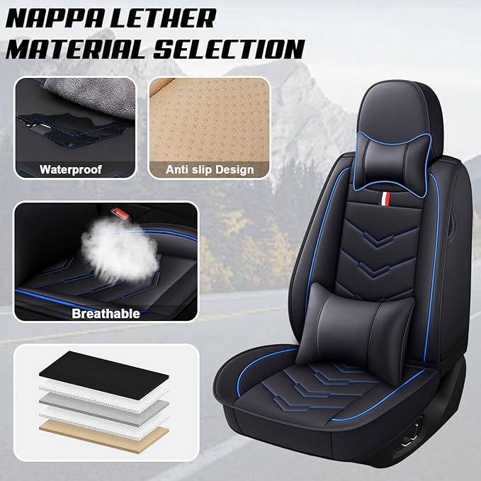 MVRVMV Seat Covers for Ford Escape 2005-2026, Waterproof Leather Auto Seat Cover with 2* Neck Pillow and 2* Lumbar Support (2 Seat Luxury,Black-Blue)