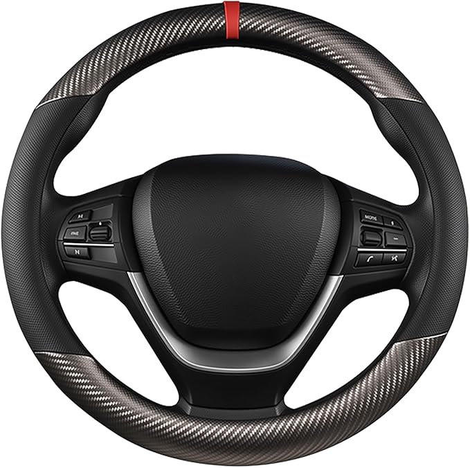 Black & Grey Carbon Fiber Leather Steering Wheel Cover, Microfiber Leather, Anti-Slip, Breathable, Universal Fit for 14.5–15 in Steering Wheel Cover for Men Women