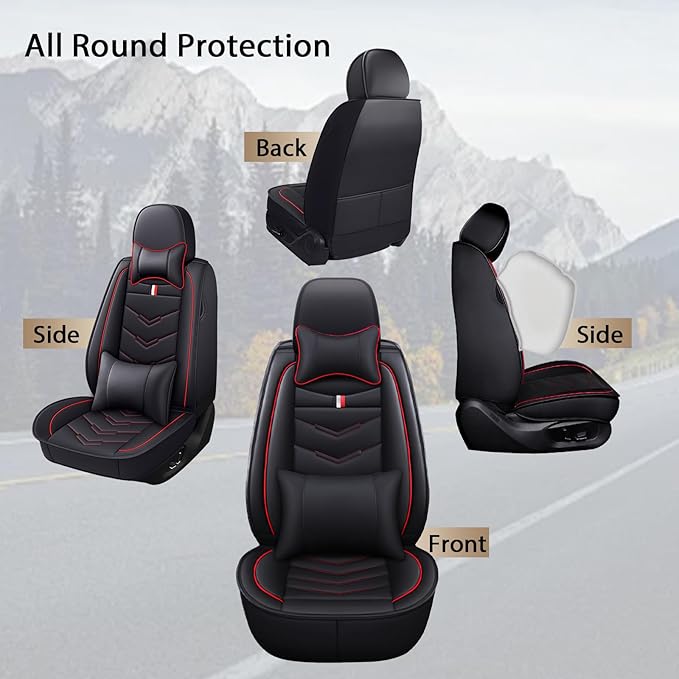 MVRVMV for Ford F-350 2010-2026 Seat Covers, Waterproof Leather Seat Cover with 2* Neck Pillow and 2* Lumbar Support (2 Seat Luxury,Black-Red)