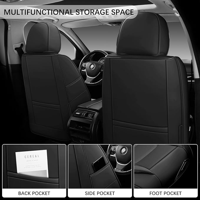 WENNFOUR Car Seat Covers Front Seats Only, Universal Luxury Automotive Car Seat Protector 2 Pack, Waterproof Breathable Leather Car Seat Cushion for Most Vehicles SUV Pick-up Truck Black
