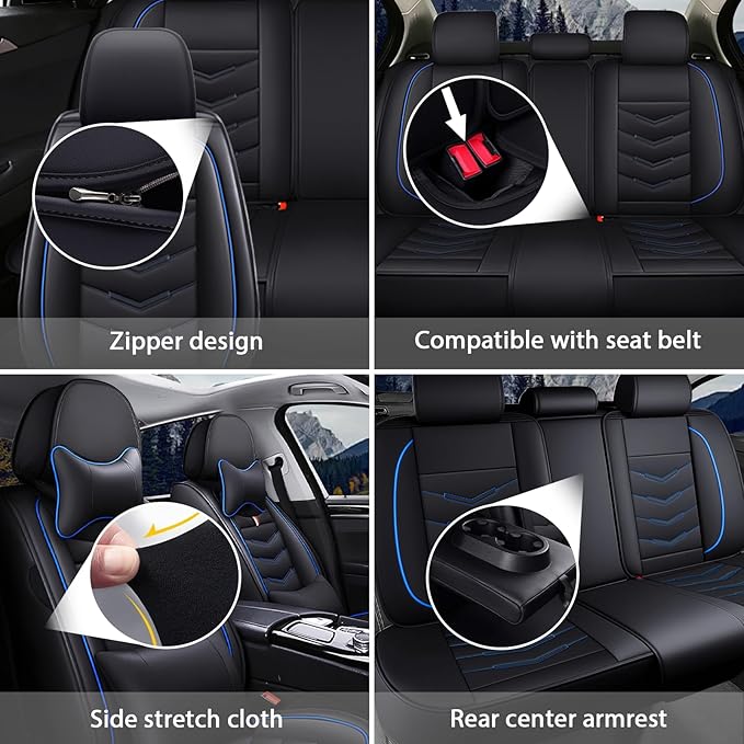 MVRVMV Seat Covers for Ford Expedition 2007-2026, Waterproof Leather Auto Seat Cover with 2* Neck Pillow and 2* Lumbar Support (5 Seat Luxury,Black-Blue)
