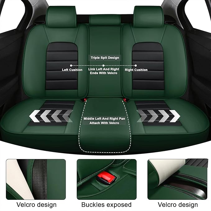 AREKA 5 Car Seat Covers for Honda Civic 2002-2026 Breathable Leather,Waterproof Car Seat Protectors with Comfort Headrest Pillows,Automotive Vehicle Cushion with Storage Pockets (Luxury,Green)