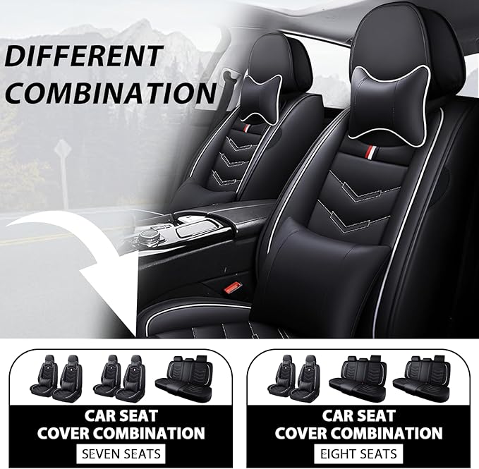 MVRVMV Car Seat Covers for Ford Explorer 2012-2026, Waterproof & Wear-Resistant Front and Rear Seat Protectors with 2* Neck Pillow and 2* Lumbar Support (7 Seat Luxury, Black-White