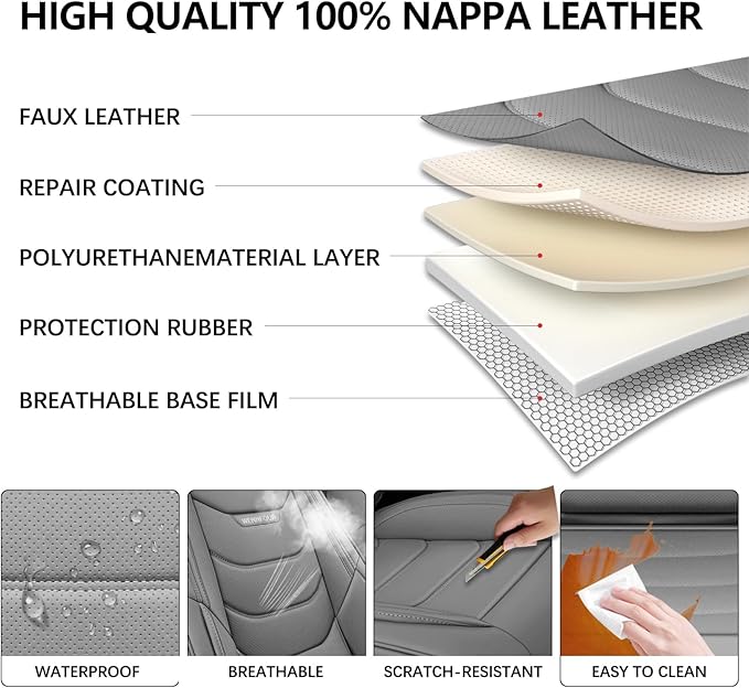 WENNFOUR Car Seat Covers Front Seats Only, Universal Luxury Automotive Car Seat Protector 2 Pack, Waterproof Breathable Leather Car Seat Cushion for Most Vehicles SUV Pick-up Truck, Grey