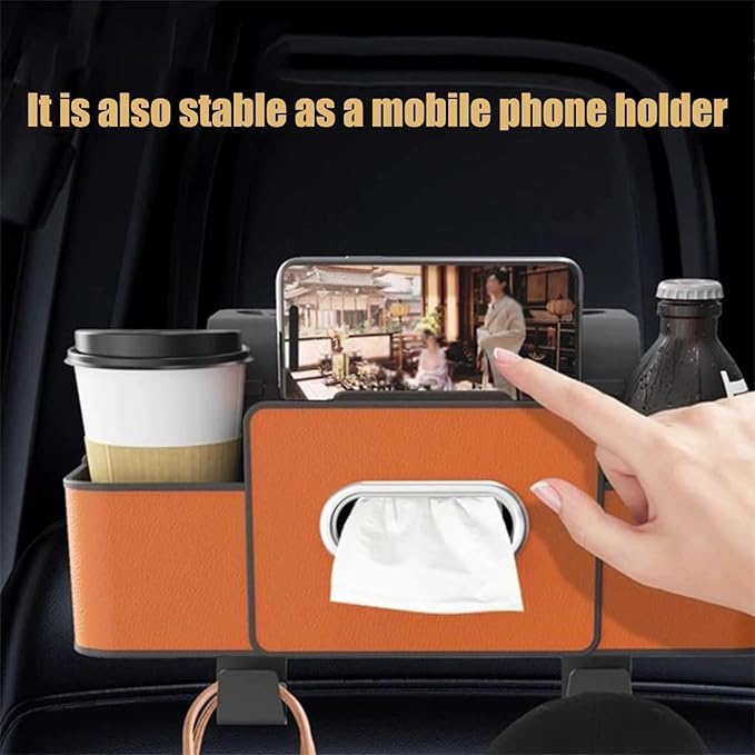 Geshus Backseat Organizers Hanging Storage, Car Seat Back Organizer With Tissue Holder, For Hold Phone,Drinks,Handbag,Compatible With Most Vehicles (Brown)