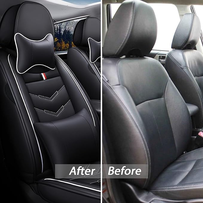 MVRVMV Luxury Car Seat Covers for Honda Pilot 2010-2026, Nappa Leather Auto Seat Cover with 2 Neck Pillows and 2 Lumbar Supports (5 Seat Luxury, Black-White)