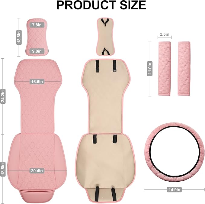 BaoLL 2PCs Front Car Seat Covers, Leather Seat Covers with Steering Wheel Cover and Two Seat Belt Pads, Waterproof Seat Covers for Cars Universal Fit 95% Vehicles (Pink)