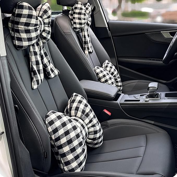 Car Accessories Plaid Bow Headrest Lumbar Pillow 4PCs Set Cotton Linen Elegant Soft Car Seat Cushions for Daily Commuting Trave (Black Plaid,Lumbar Pillow 2pcs)