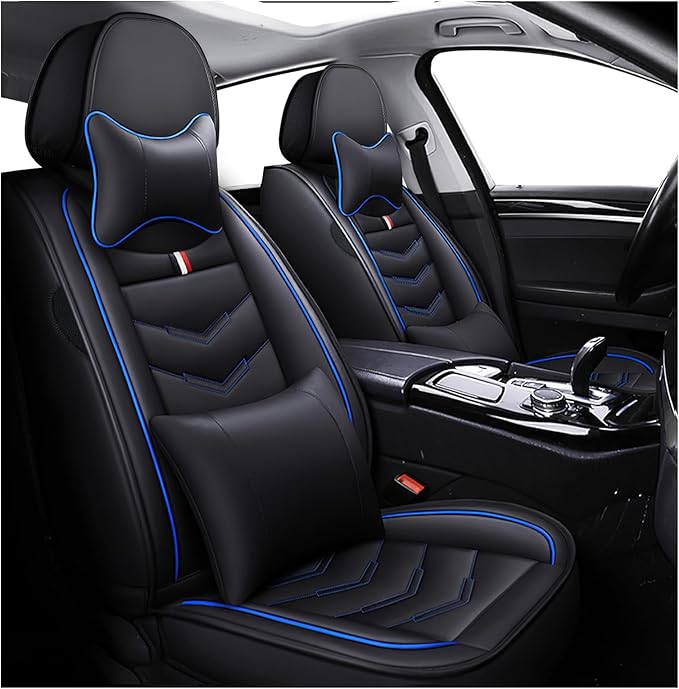 MVRVMV Seat Covers for Ford Maverick 2022-2026, Waterproof Leather Auto Seat Cover with 2* Neck Pillow and 2* Lumbar Support (2 Seat Luxury,Black-Blue)