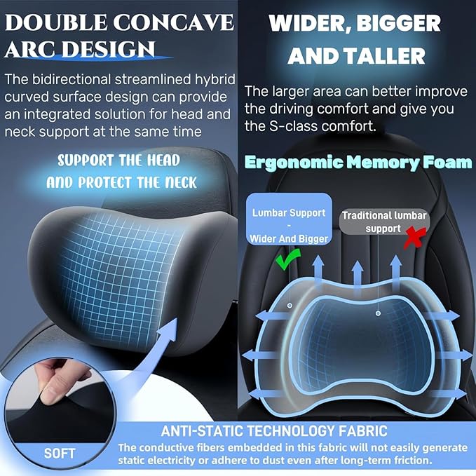 Car Headrest & Lumbar Support Cushion for Citroen DS3 C5 C3 C2 C4 C6, Ergonomic Automotive Seat Neck Pillow Lumbar Backrest Pad Neck Back Pain Relief Detachable Washable,Black