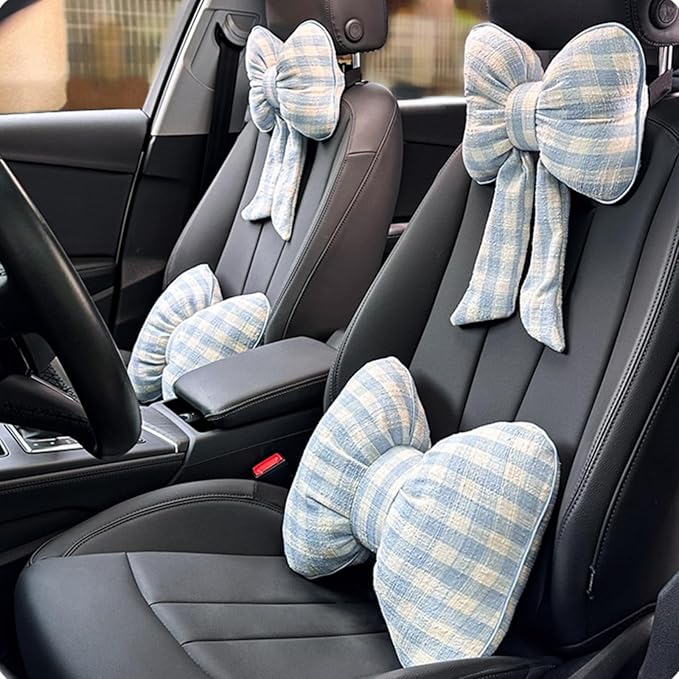 Car Accessories Plaid Bow Headrest Lumbar Pillow 4PCs Set Cotton Linen Elegant Soft Car Seat Cushions for Daily Commuting Trave (Blue Plaid,headrest+Lumbar Pillow 2pcs)