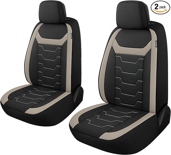 CAROMOP Breathable Car Seat Cover 2 Front Seats, 3D Air Mesh Cloth Seat Covers for Cars, Universal Fit Automotive Car Interior Covers for SUV Vans Sedans Trucks(Black/Beige)