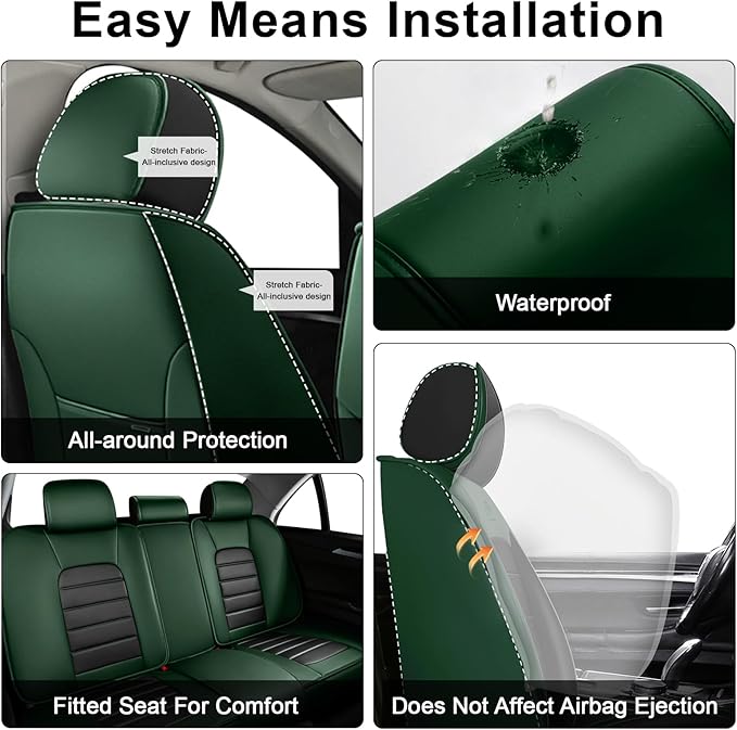 AREKA 5 Car Seat Covers for Honda Civic 2002-2026 Breathable Leather,Waterproof Car Seat Protectors with Comfort Headrest Pillows,Automotive Vehicle Cushion with Storage Pockets (Luxury,Green)