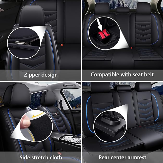 MVRVMV Seat Covers for Ford F-250 2010-2026, Waterproof Leather Auto Seat Cover (5 Seat Standard,Black-Blue)