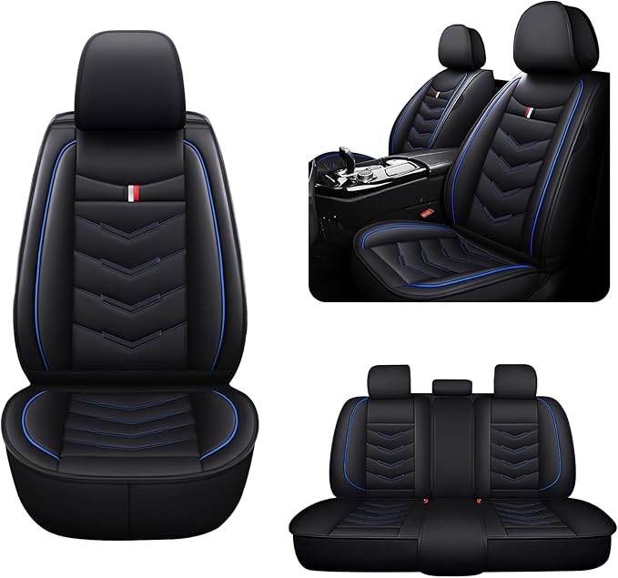 MVRVMV Seat Covers for Ford Mustang 2006-2026, Waterproof Leather Auto Seat Cover (5 Seat Standard,Black-Blue)