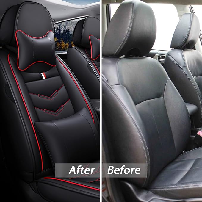 MVRVMV for Ford Bronco 2021-2026 Seat Covers, Waterproof Leather Seat Cover with 2* Neck Pillow and 2* Lumbar Support (2 Seat Luxury,Black-Red)