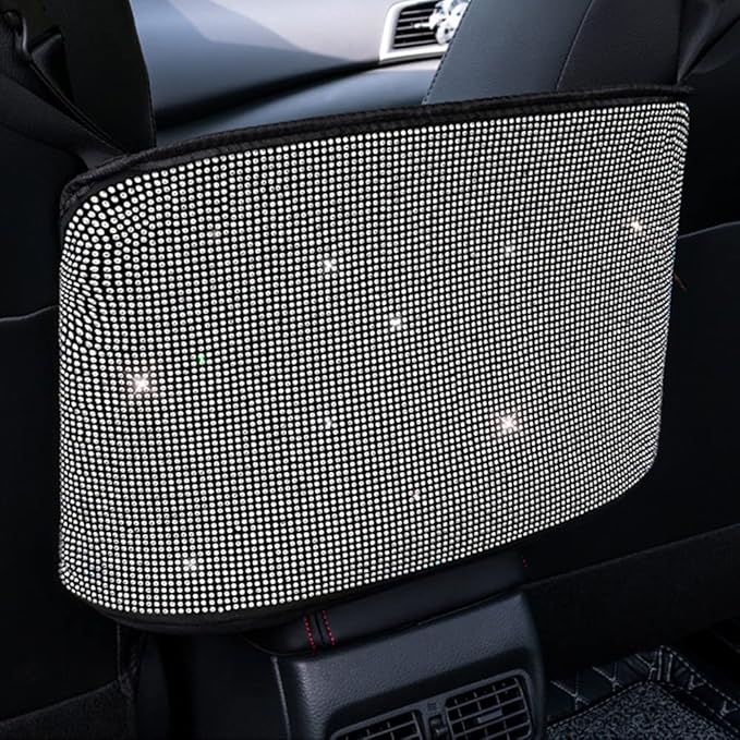 Car Net Pocket Handbag Holder Between Seat Back Organizer, Purse Holder for Console Front Seat Storage Barrier, Rhinestone Car Storage Organizer Between Front Seats, White