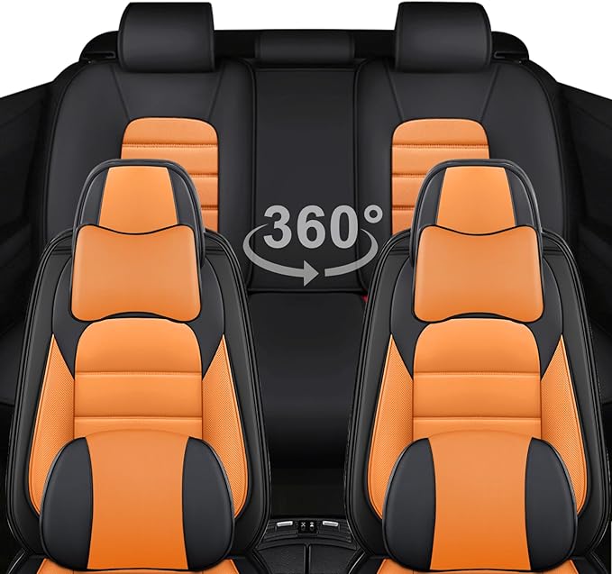 AREKA 5 Car Seat Covers for Honda Civic 2002-2026 Breathable Leather,Waterproof Car Seat Protectors with Comfort Headrest Pillows,Automotive Vehicle Cushion with Storage Pockets (Luxury,Orange)
