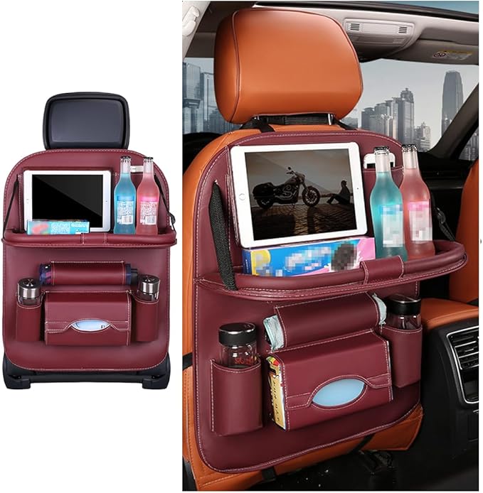 Car Seat Back Organizer, Leather Vehicle Seatback Storage Pocket with Foldable Table Tray, Multifunctional Automotive Backseat Protectors Kick Mats Accessories, Universal Fit (Wine Red)