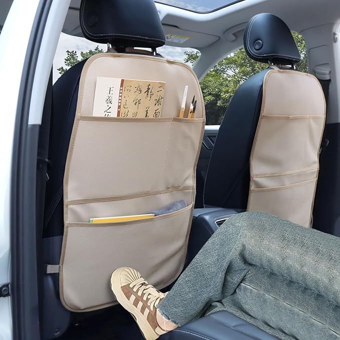 pefirst Kick Mat Back Seat Protector Waterproof Leather Car Seat Back Organizers Cover with 3 Storage Pockets for Kids Pets SUV Sedan Minivan Truck Car Travel Accessories (Beige 2-Pack)