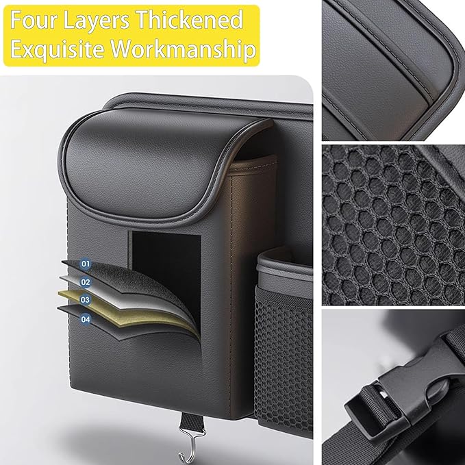 Premium Leather Car Seat Back Organizer with Cup and Tissue Holder, Multi-Pocket Storage with Adjustable Straps for SUVs, Trucks, Sedans (Grey)