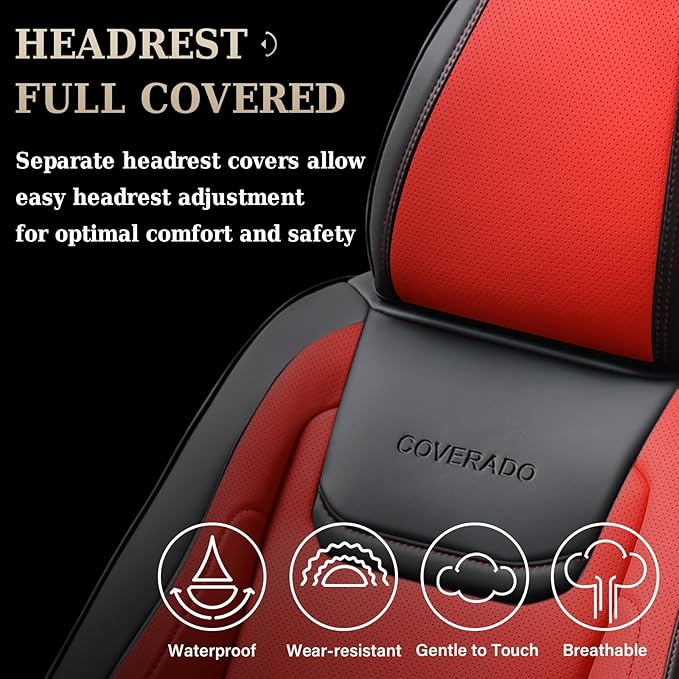 Coverado Car Seat Covers, Front Covers for Cars, Car Seat Cover Front Seats, Car Seat Protector Waterproof, Leather Car Seat Cushion, Universal Interior Covers Seat Protectors for Most Cars Black-Red